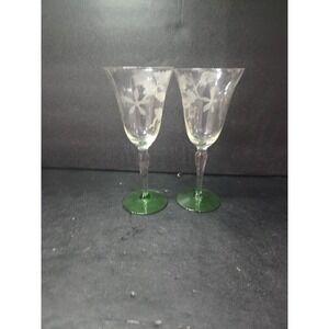 Tiffin Floral Etched Goblets, Set of 2, Green Foot Wine Glasses, Optic Design